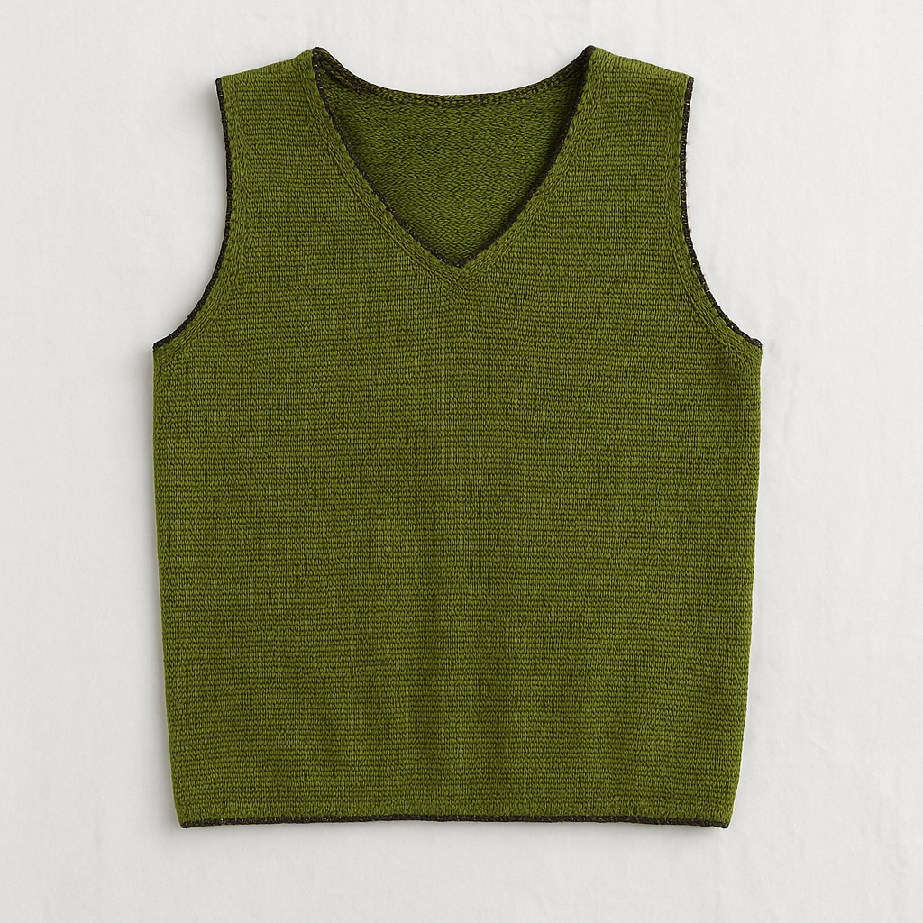 Crazy Horse vintage green knit sweater vest with v-neck and sleeveless design front on white dropcloth
