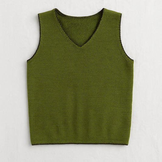 Crazy Horse vintage green knit sweater vest with v-neck and sleeveless design front on white dropcloth
