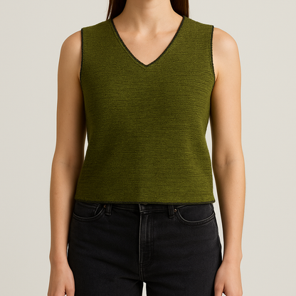 Crazy Horse vintage green knit sweater vest with v-neck and sleeveless design on model