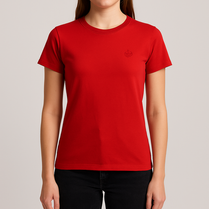 Baxter & Wells vintage red short sleeve t shirt with embroidered logo on chest hanging on clear hanger on model