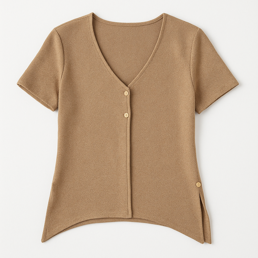 Maria Gabrielle vintage gold cardigan top with shell buttons on hanger front on white dropcloth
