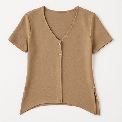 Maria Gabrielle vintage gold cardigan top with shell buttons on hanger front on white dropcloth