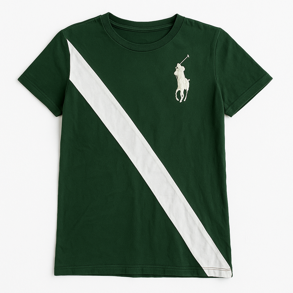 Polo by Ralph Lauren green and white rugby style t-shirt with embroidered polo player logo front on white dropcloth