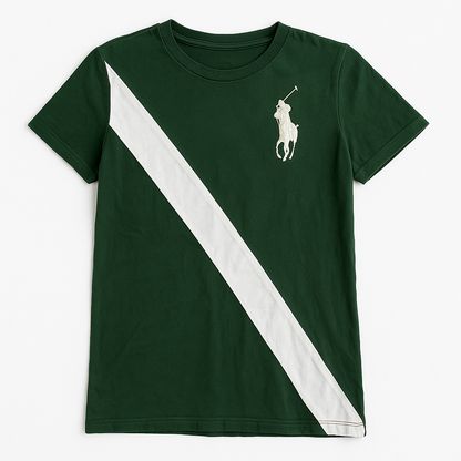 Polo by Ralph Lauren green and white rugby style t-shirt with embroidered polo player logo front on white dropcloth