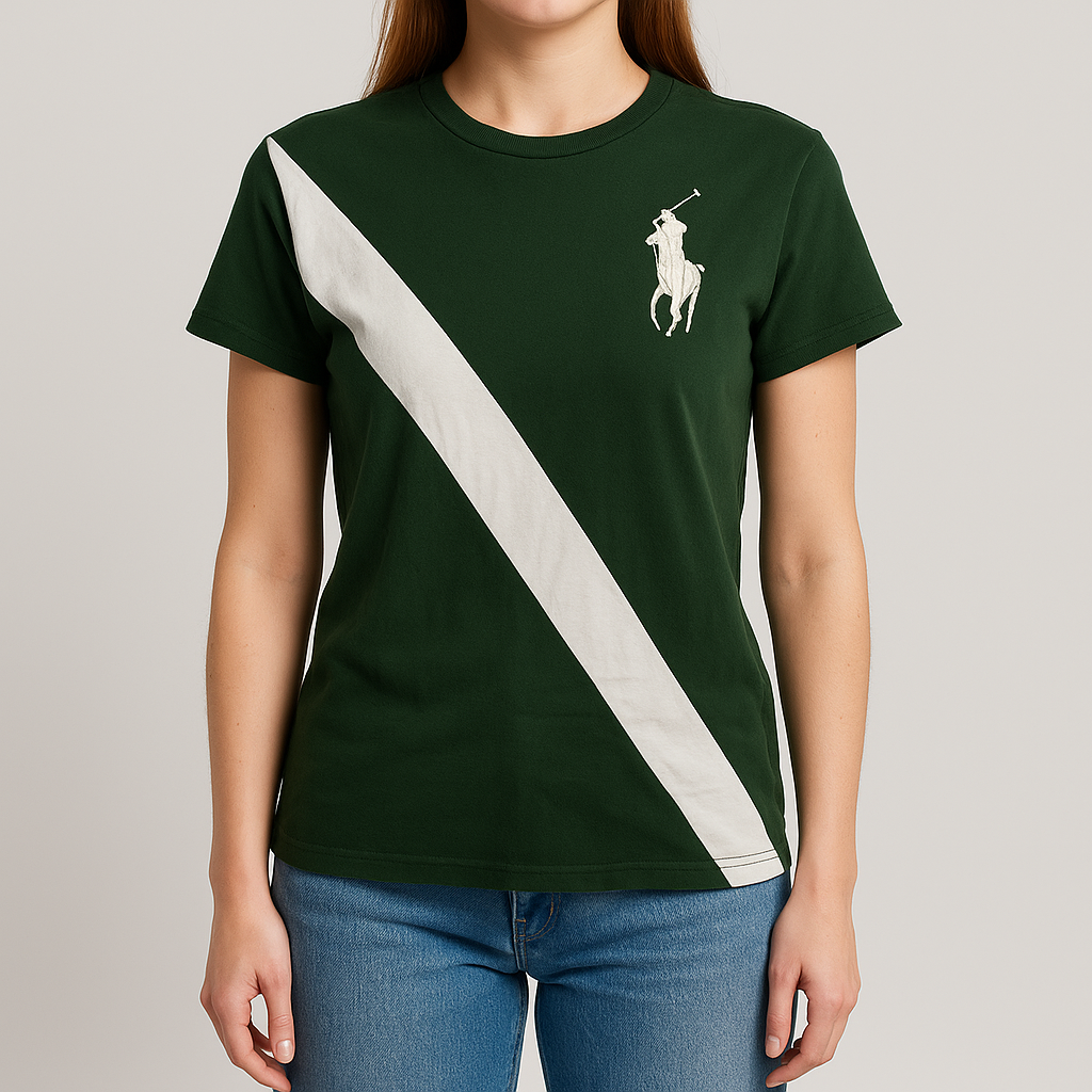 Polo by Ralph Lauren green and white rugby style t-shirt with embroidered polo player logo on model