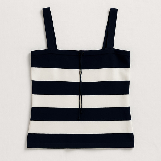 Dana Buchman vintage striped blue and white convertible tank top with drawstring and buttoned straps on clear hanger front on white dropcloth