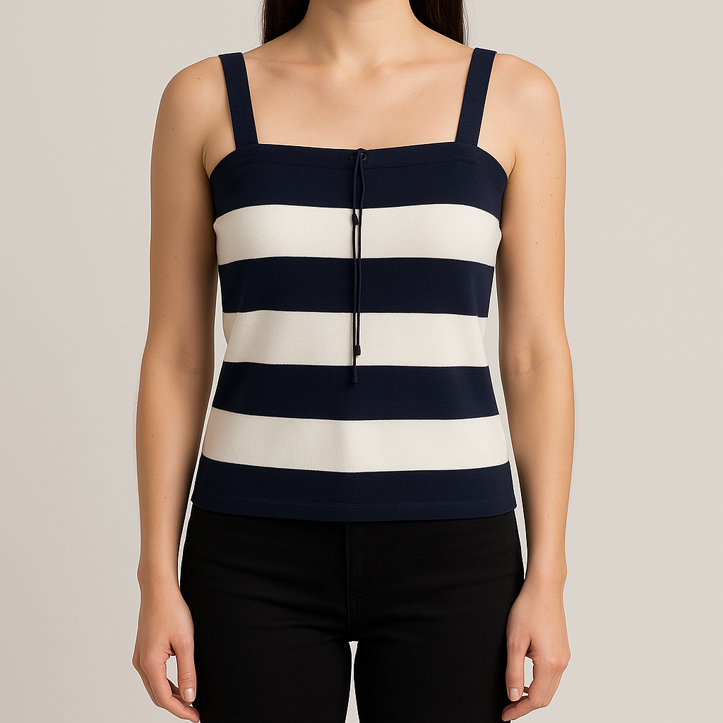 Dana Buchman vintage striped blue and white convertible tank top with drawstring and buttoned straps on clear hanger on model
