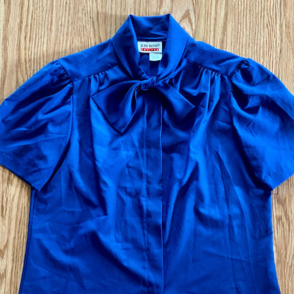 Judy Bond Vintage Blue Button-up Bow Blouse Womens 12 Petite