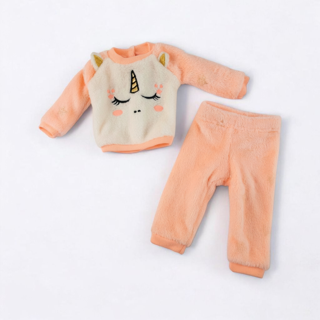 Members Mark pink and white fleece unicorn doll outfit including top with unicorn face and matching pink pants front on white muslin photography backdrop