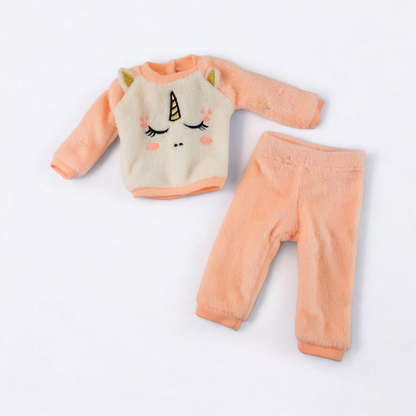 Members Mark pink and white fleece unicorn doll outfit including top with unicorn face and matching pink pants front on white muslin photography backdrop