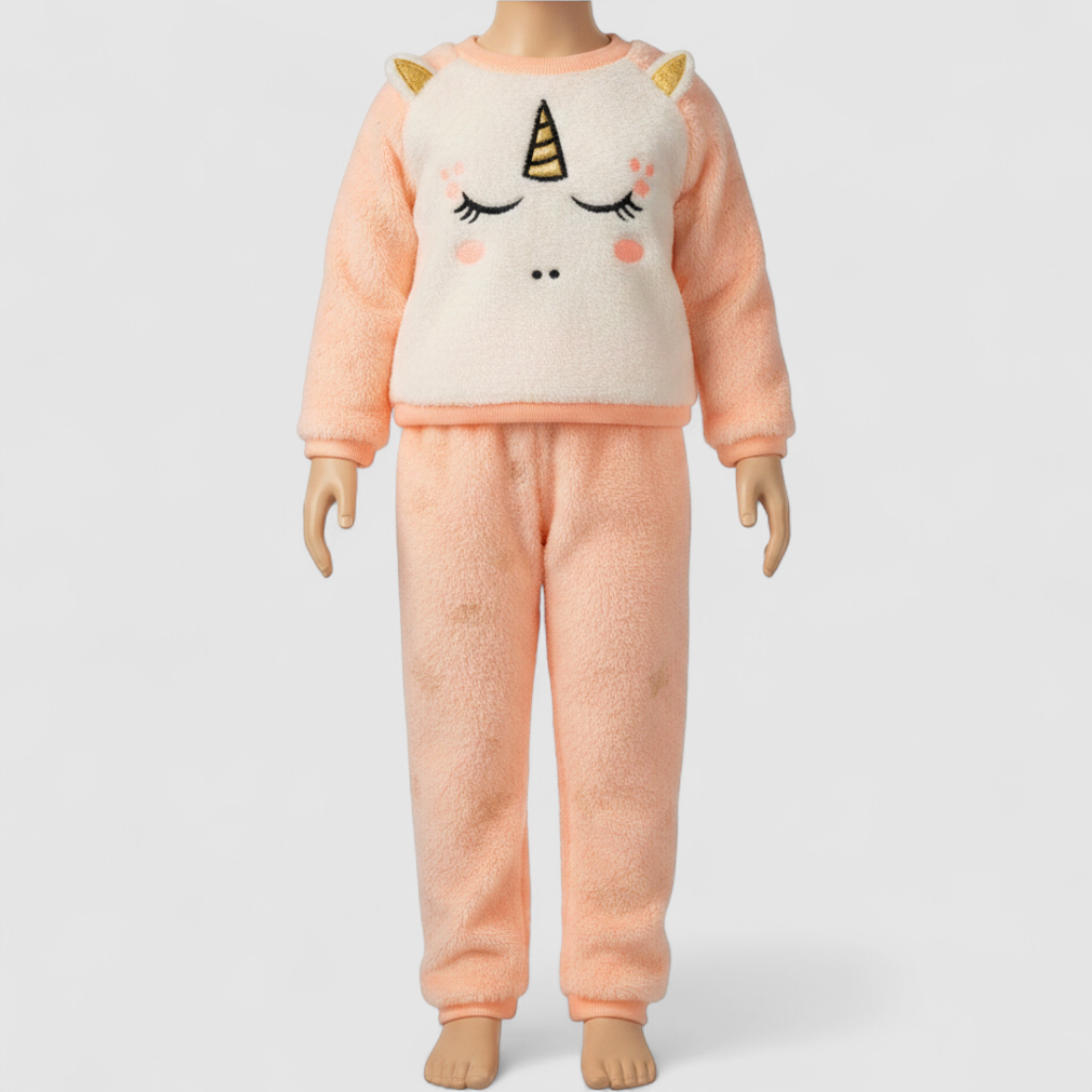 Members Mark pink and white fleece unicorn doll outfit including top with unicorn face and matching pink pants on model
