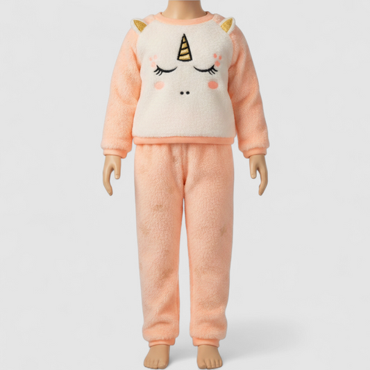 Members Mark pink and white fleece unicorn doll outfit including top with unicorn face and matching pink pants on model