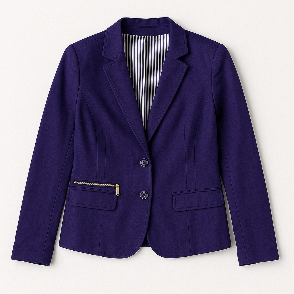 Chicos women's dark purple blazer with striped lining hanging on hanger front on white dropcloth