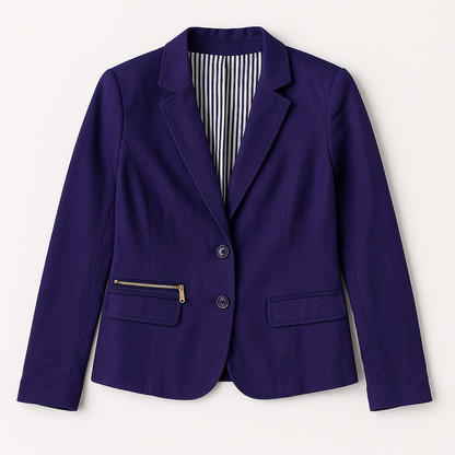 Chicos women's dark purple blazer with striped lining hanging on hanger front on white dropcloth
