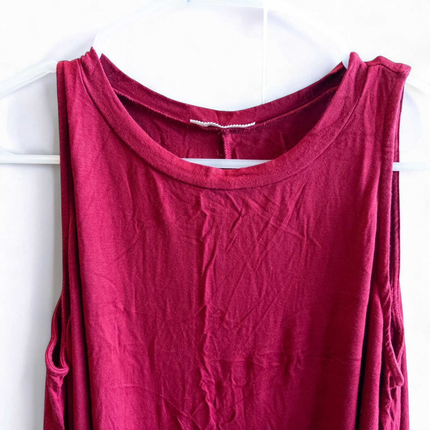 Maitai women's large red sleeveless swing dress hanging on transparent hanger image 3