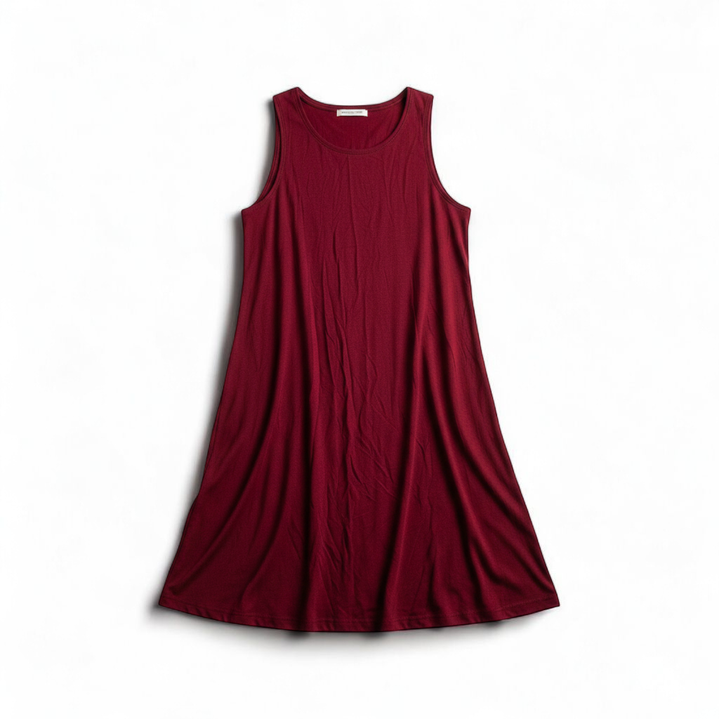 Maitai women's large red sleeveless swing dress hanging on transparent hanger front on white muslin photography backdrop