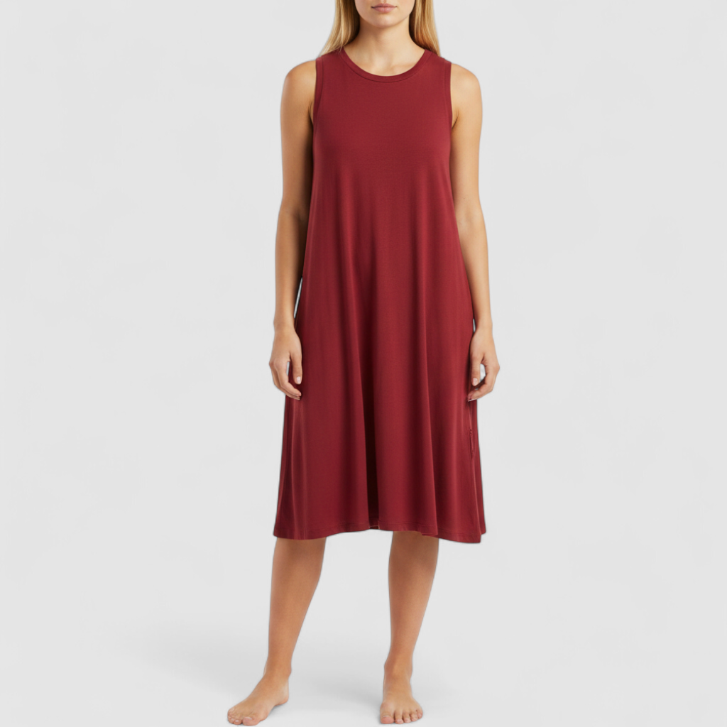 Maitai women's large red sleeveless swing dress hanging on transparent hanger on model