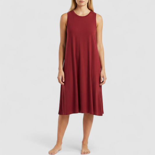 Maitai women's large red sleeveless swing dress hanging on transparent hanger on model
