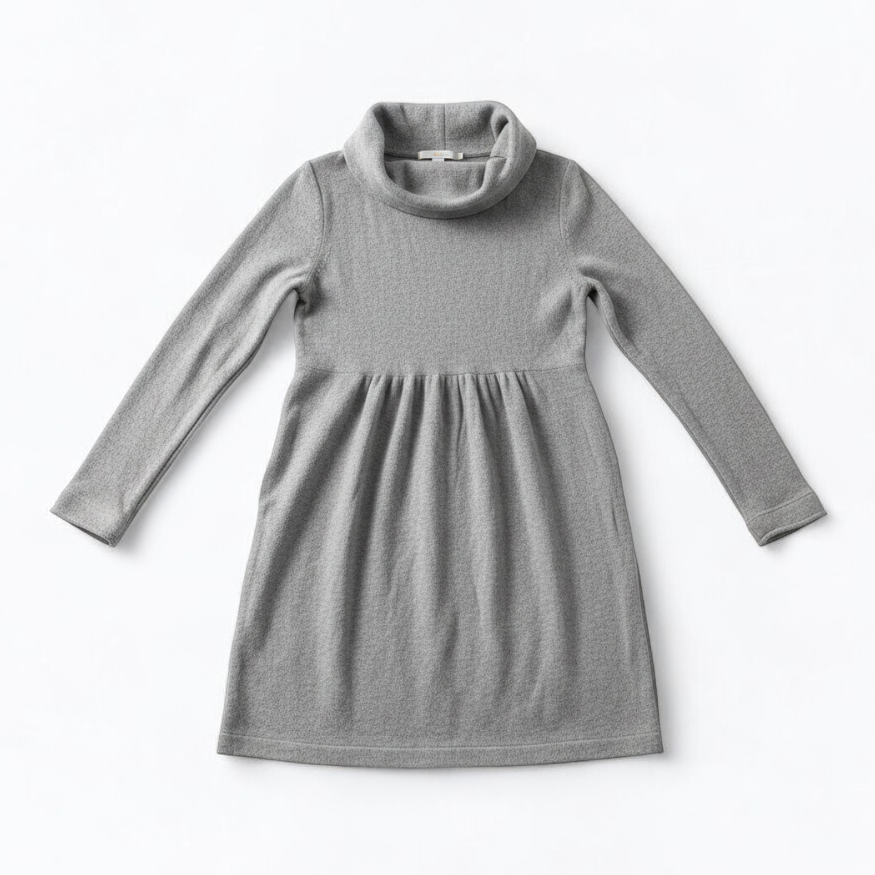 Boden gray cashmere sweater dress womens size 10 front and back views with close-ups of cowl neck and cuff details front on white muslin photography backdrop