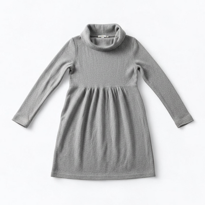 Boden gray cashmere sweater dress womens size 10 front and back views with close-ups of cowl neck and cuff details front on white muslin photography backdrop