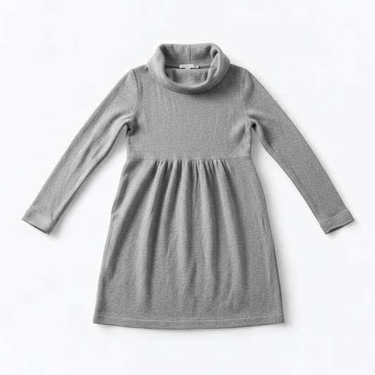Boden gray cashmere sweater dress womens size 10 front and back views with close-ups of cowl neck and cuff details front on white muslin photography backdrop