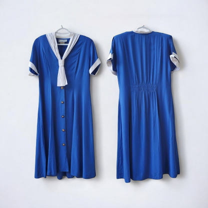 Piccalino vintage blue long sailor dress with white collar and cuff accents, button front, and short sleeves laid flat. image 2