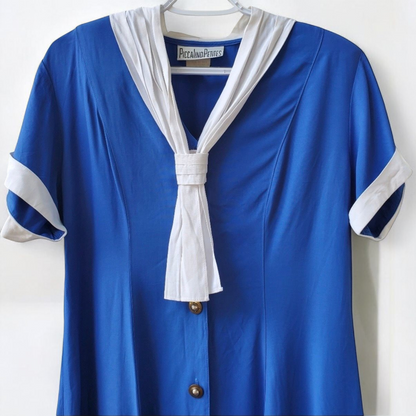 Piccalino vintage blue long sailor dress with white collar and cuff accents, button front, and short sleeves laid flat. image 3