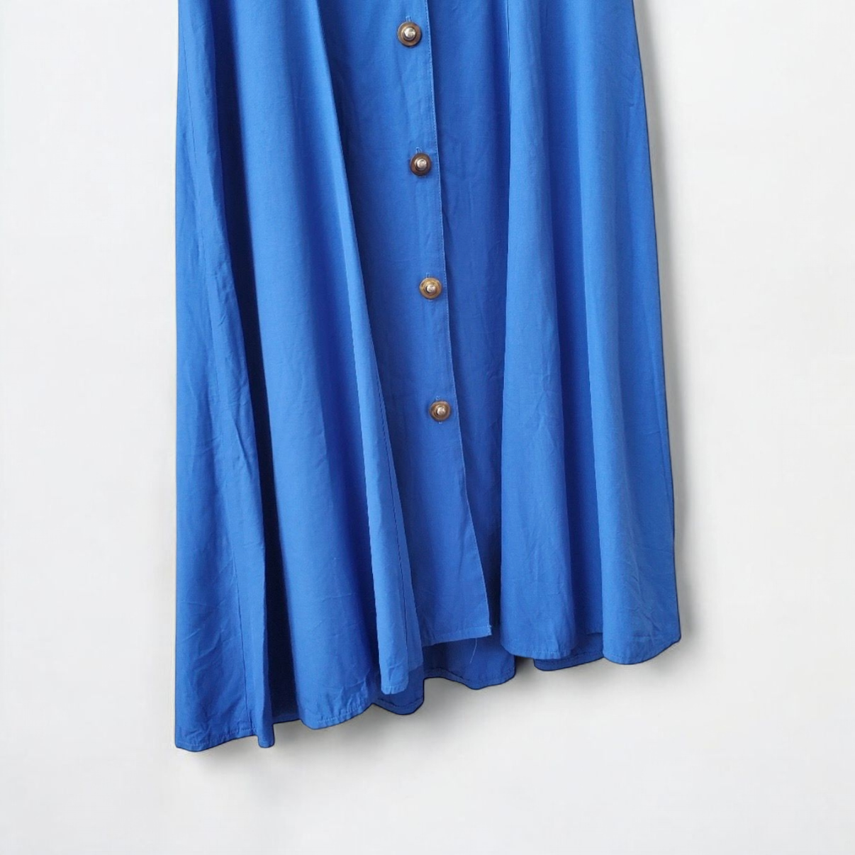 Piccalino vintage blue long sailor dress with white collar and cuff accents, button front, and short sleeves laid flat. image 4