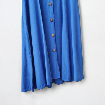 Piccalino vintage blue long sailor dress with white collar and cuff accents, button front, and short sleeves laid flat. image 4