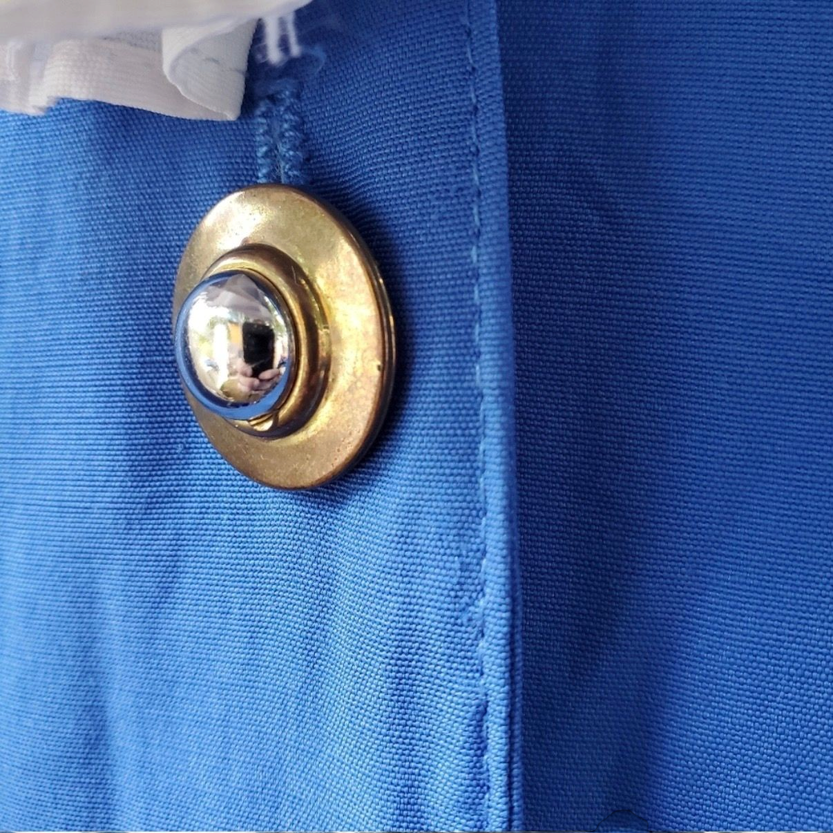 Piccalino vintage blue long sailor dress with white collar and cuff accents, button front, and short sleeves laid flat. image 5