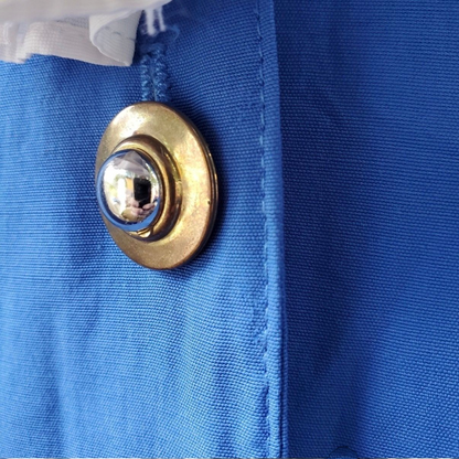 Piccalino vintage blue long sailor dress with white collar and cuff accents, button front, and short sleeves laid flat. image 5