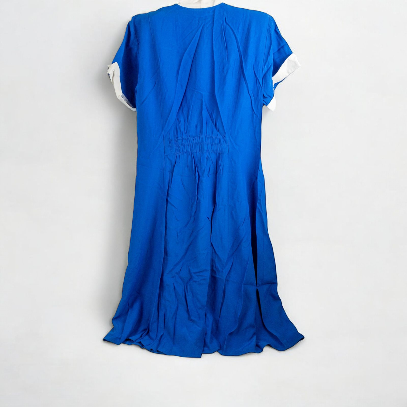 Piccalino vintage blue long sailor dress with white collar and cuff accents, button front, and short sleeves laid flat. image 7