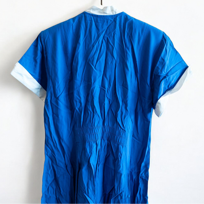 Piccalino vintage blue long sailor dress with white collar and cuff accents, button front, and short sleeves laid flat. image 8