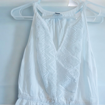 Old Navy long white sleeveless lace maxi dress hanging on hanger in room image 2