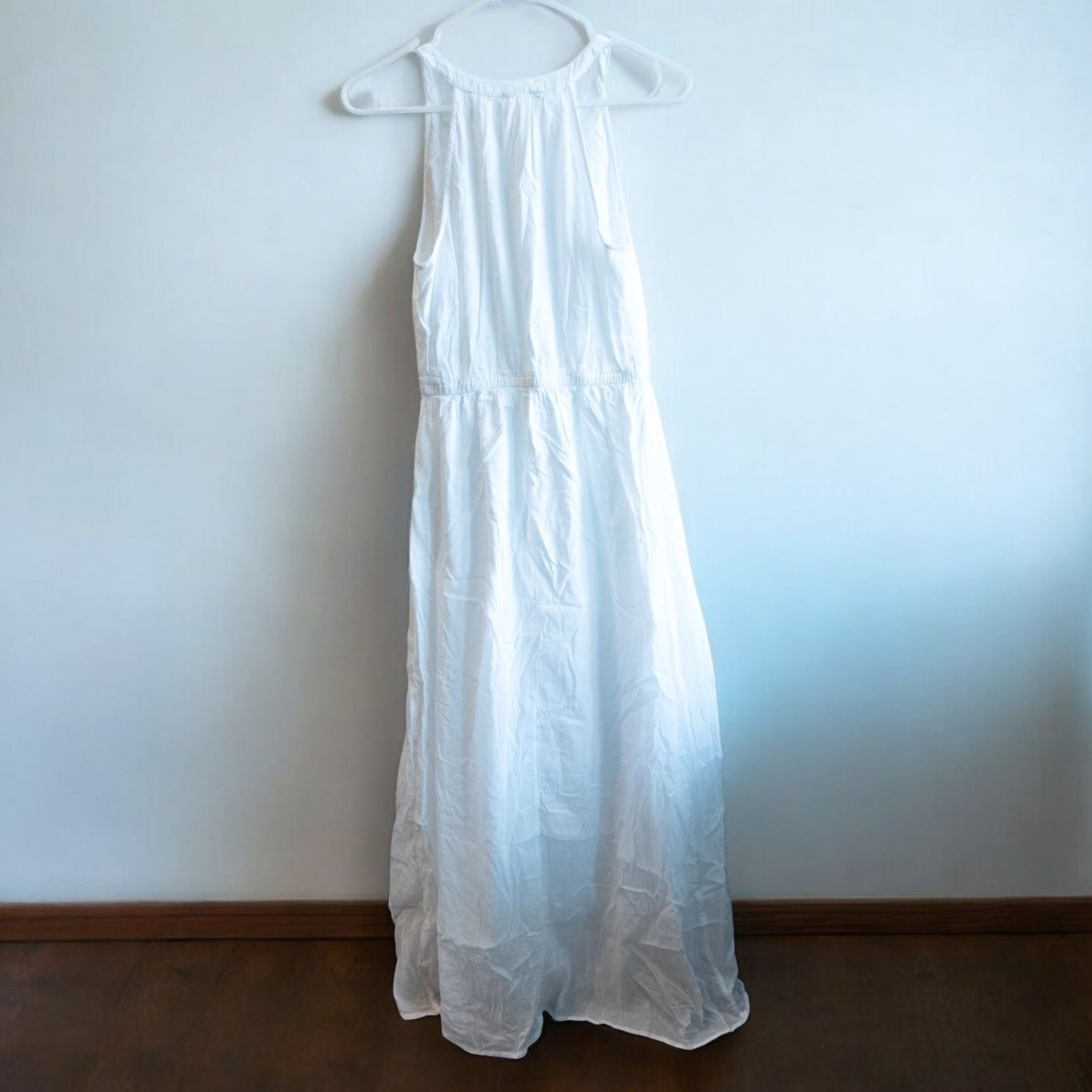 Old Navy long white sleeveless lace maxi dress hanging on hanger in room image 5