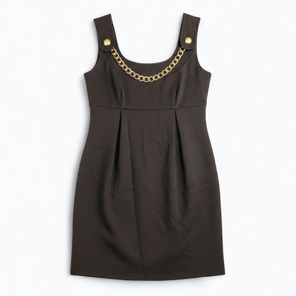 MICHAEL Michael Kors brown sleeveless dress with gold chain detail and back zipper closure on hanger front on white muslin photography backdrop