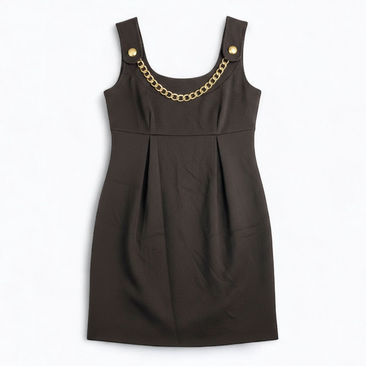MICHAEL Michael Kors brown sleeveless dress with gold chain detail and back zipper closure on hanger front on white muslin photography backdrop