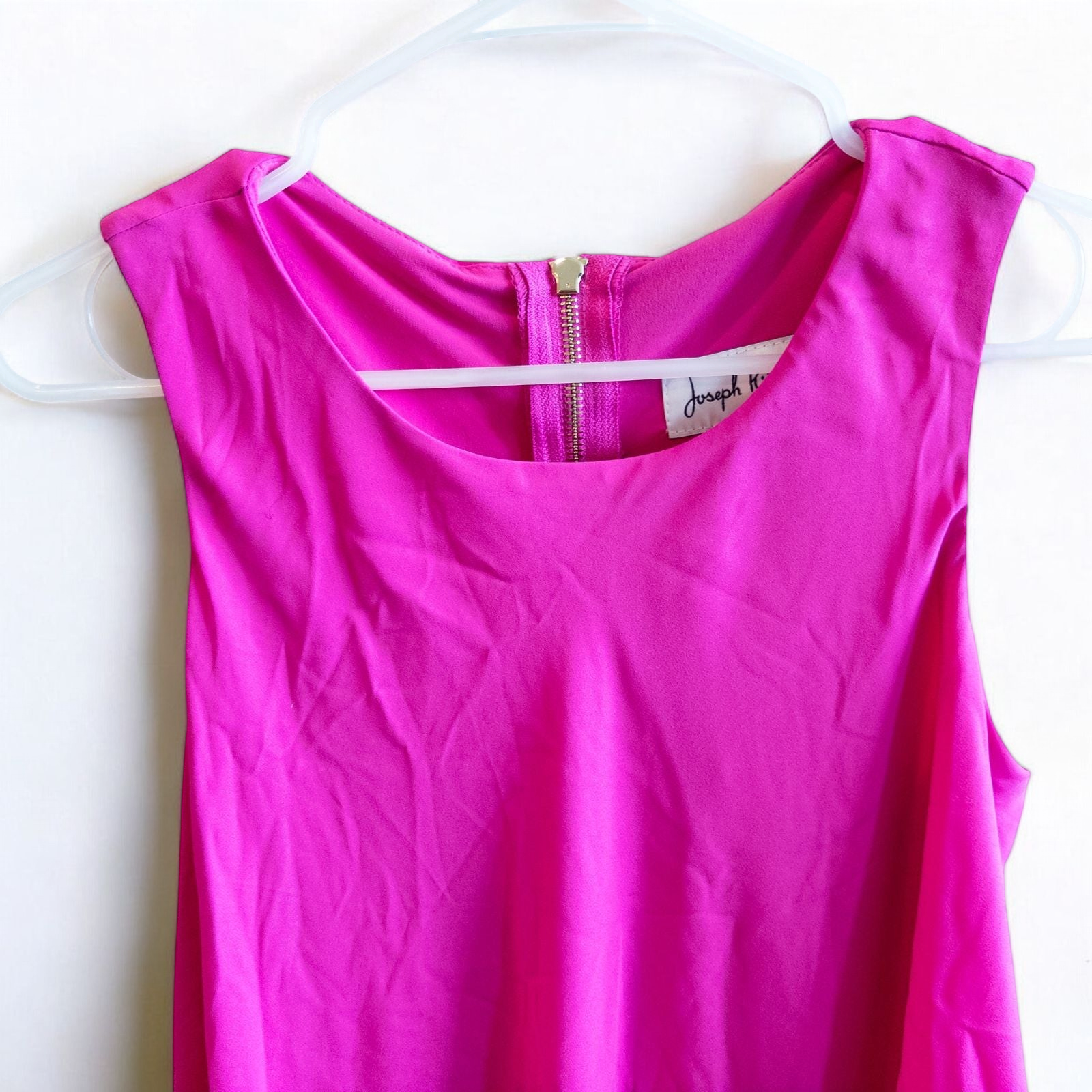 Joseph Ribkoff pink sleeveless dress with asymmetrical layered detail and back zipper on hanger image 2