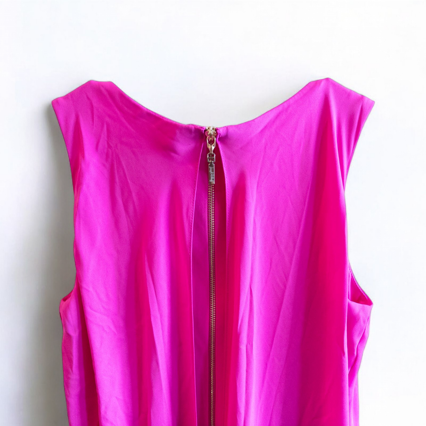 Joseph Ribkoff pink sleeveless dress with asymmetrical layered detail and back zipper on hanger image 7