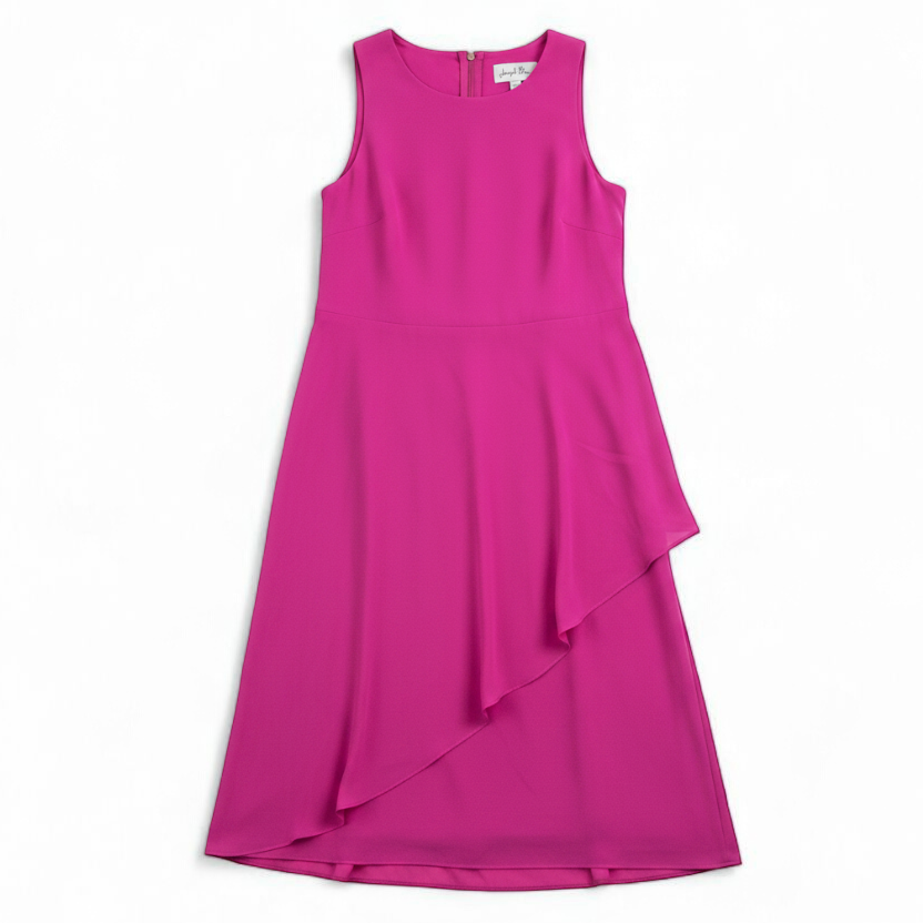 Joseph Ribkoff pink sleeveless dress with asymmetrical layered detail and back zipper on hanger front on white muslin photography backdrop