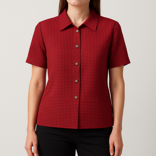 Coco Blanco vintage red and black checkered shirt with ornate buttons and short sleeves on hanger on model