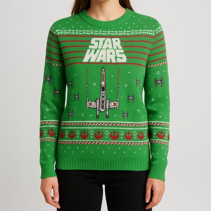 Green Star Wars holiday sweater with X-wing and TIE fighter knit pattern front view and detail shots on model
