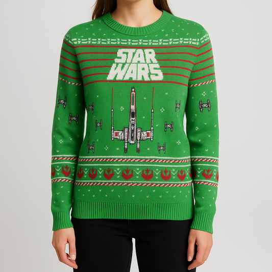 Green Star Wars holiday sweater with X-wing and TIE fighter knit pattern front view and detail shots on model