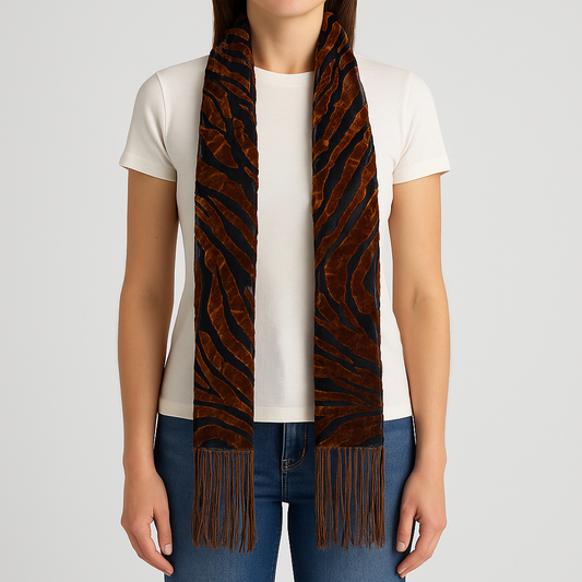 Vintage brown velvet and black sheer tassel scarf hung on clear hanger against white background on model