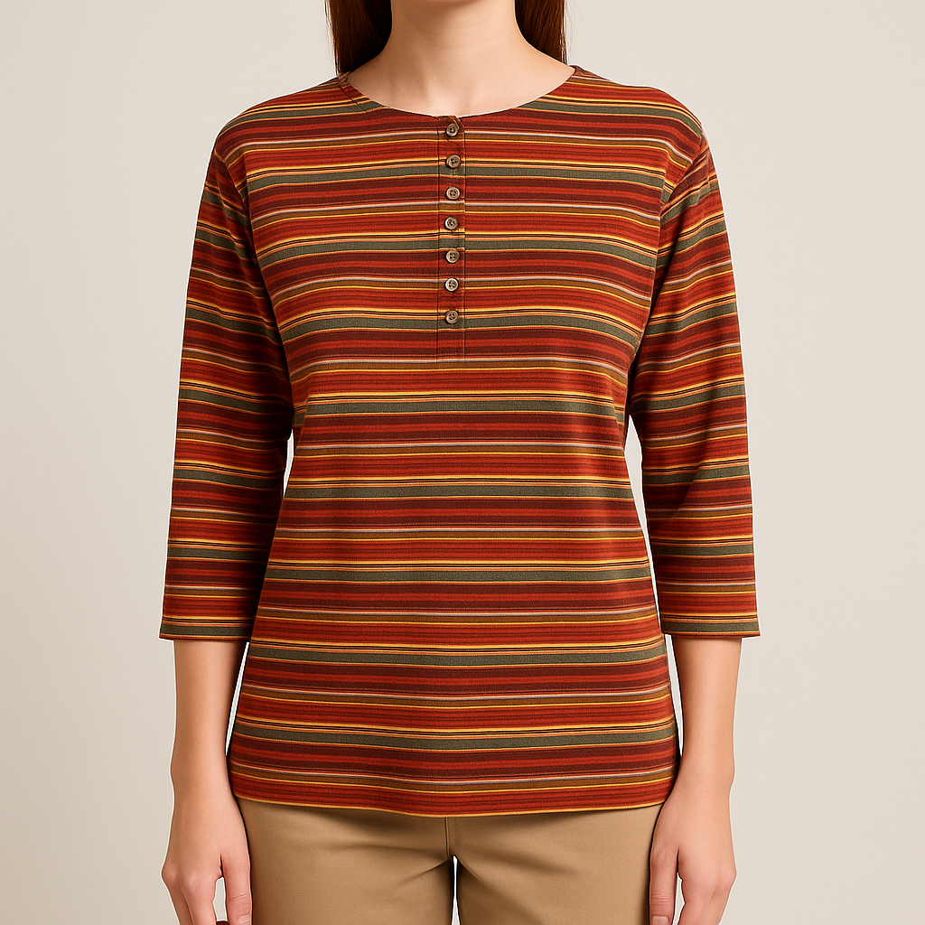Chaus vintage striped orange and red top with 3/4 length sleeves and button front on model