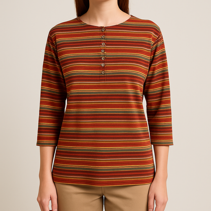 Chaus vintage striped orange and red top with 3/4 length sleeves and button front on model
