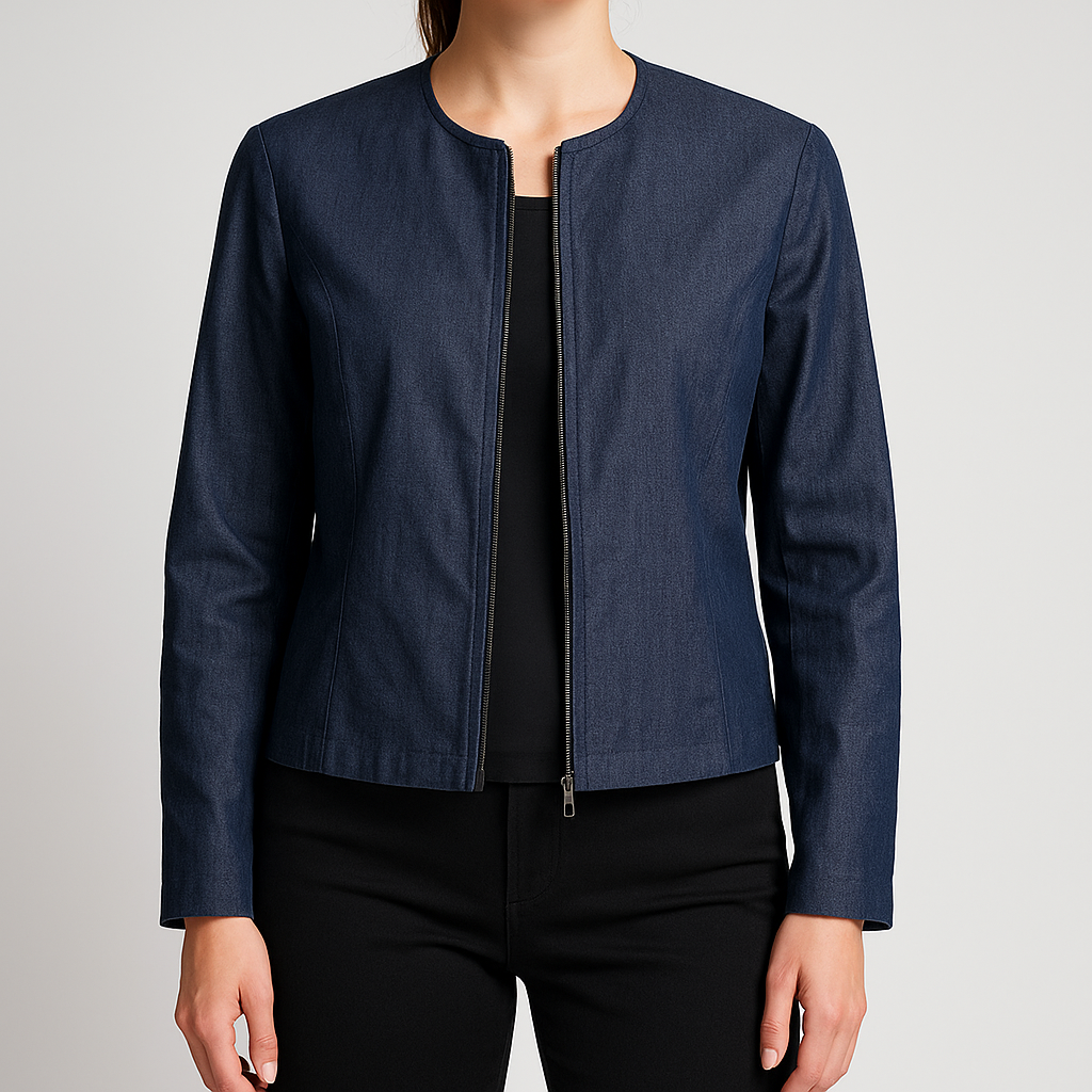 Jones New York vintage blue denim zip jacket women's size 14 with padded shoulders and side pockets on model