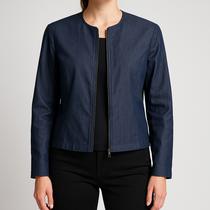 Jones New York vintage blue denim zip jacket women's size 14 with padded shoulders and side pockets on model