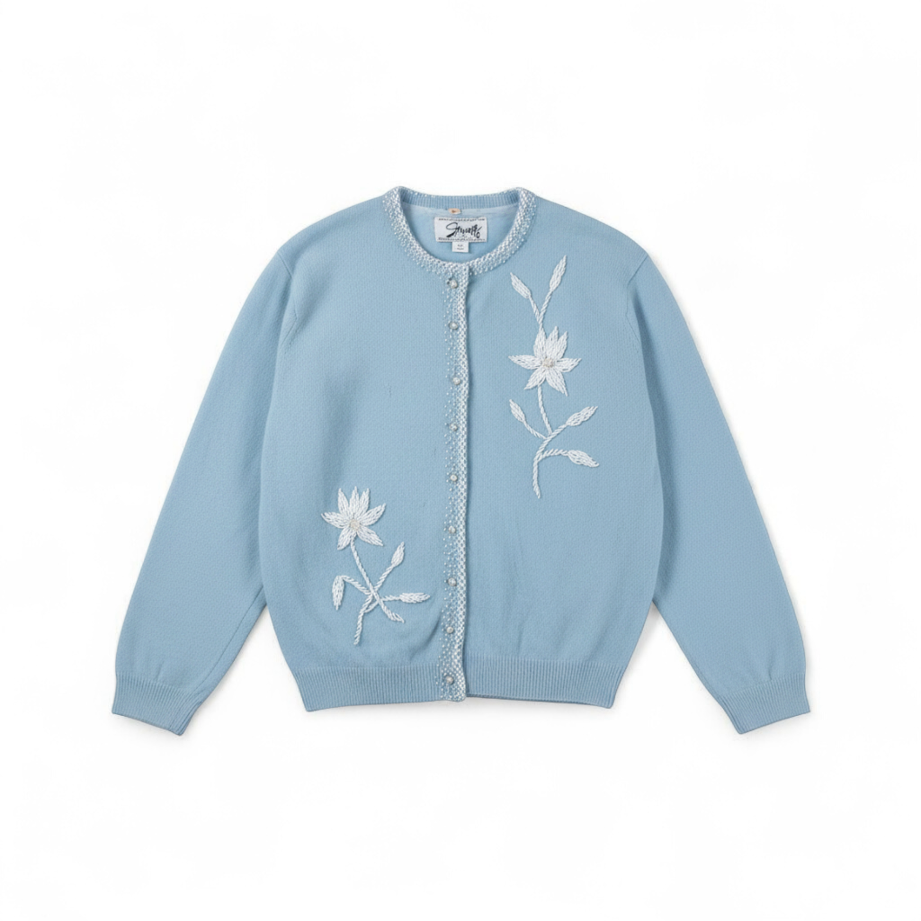 Stewarts pastel blue vintage cardigan with white bead floral embellishments and pearl buttons on a hanger front on white muslin photography backdrop