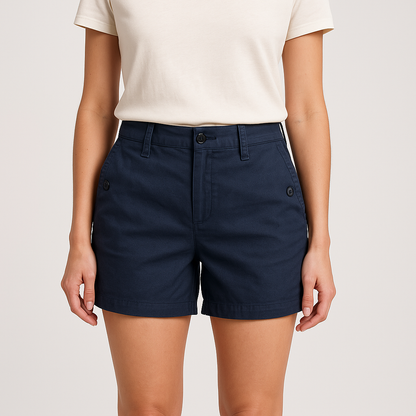 Calvin Klein blue linen shorts for women, size 4, with button closure and belt loops, front and back pockets, shown laid flat. on model